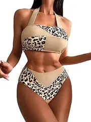 [WDIRARA] Women's Leopard High Waisted 2 Piece Halter Swimsuit Animal Print Bikini Set