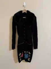 Betsey Johnson New Floral Duster Knit Coat Jacket Fur Trim Black Wool Vtg Small
