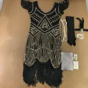 Women's Medium Black Gold Sequin Fringe Flapper Dress & Accessory Set 9 Pieces