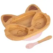 2pc Tiny Dining Pastel Pink Bamboo Fox Baby Weaning Plate & Fork Set Suction