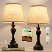 Bedroom Lamps Set of 2 - Bedside Lamps with USB A+C C. Beige Shade & Black Base