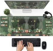 Rainy Night Desk Mat Green Plants Gaming Mouse Pad, Aesthetic Anime Black Cat Desk Pad,Extended Laptop Computer Keyboard Mat Desk Mats on Top of Desks,31.5x11.8 inch