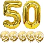 Gold Number 50 Balloon Set, 40 Inch Gold Number 50 Foil Balloon with 5pcs 12 Inch Gold Confetti Latex Balloons, Perfect for 50th Birthday, Anniversary Parties, Unisex-Adults