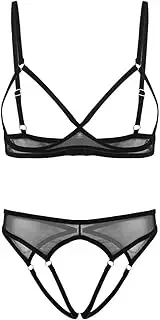 [GRRKDFQ] Women Lingerie See Through Sheer Mesh Lingerie Set Exposed Breast Crotchless Panties