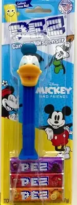 PEZ Donald Duck Dispenser With Mickey Minnie Mouse & Goofy Picture On The Front