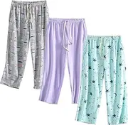 [PNAEONG] 3 Pack Women Pajama Pants Capri Length Drawstring Pj Bottoms Sleep Lounge Pants with Pockets S-3XL