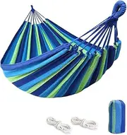 Outdoor Double Hammock Bed Swinging Camping Hanging Tree Strap Hook Mel，Spacious Cotton Swinging Lounger, Portable Frame Combo