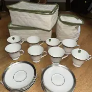 WATERFORD Set of 8 NEWGRANGE PLATINUM TEACUP & SAUCER plus STORAGE CONTAINERS
