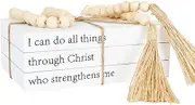 Decorative Books for Home Decor, White Faux Books for Decoration, Rustic Farmhouse Stacked Books with 52in Wood Bead Garland for Coffee Table Mantle Fireplace (I can do All Things Through Christ)