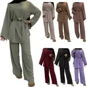 2PCS Women Long Sleeve Tops Pants Two Piece Set Muslim Abaya Dubai Kaftan Dress