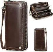 [CataPurus] Top Grain Genuine Oiled Leather Clutch Wallet for Man & Woman, Handmade Vintage Design, Multi Pockets & Slots & Detachable Wristlets, RFID Large Capacity for Cards/Checks/Money/Passport, Red Coffee