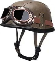 Vintage Motorcycle Half Helmet Leather Open Motorcycle Helmet Adult Half Shell Helmet with Goggles Fit Men Ladies Cruiser Chopper Pilot Scooter Helmet DOT/ECE Approved