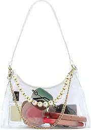 3Pcs Clear Crossbody Bag Set, Women's Clear Purse Jelly Bag with Flat Bag Strap, Clear Shoulder Handbag Bag for Concerts with Pearl Purse Strap, White