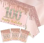 Xiliconie 3 Pack 100th Birthday Decorations Rose Gold 100 Years Old Birthday Tablecloth Plastic Disposable Table Cover for Women 100th Birthday Anniversary Decor Supplies