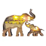 Catzon 2Pcs Elephant Wooden Crafts 3D Animal Statue with Lights Home Decor