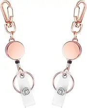 IBOVODI 2 Pack Metal Retractable Badge Reel ID Badge Holder with Cord and Carabiner Key Chain (Rose Gold)