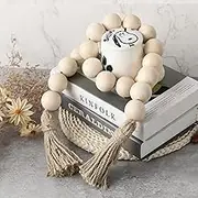 Farmhouse Decor Large Wood Bead Garland 50inch long with 1.6" Diameter, Natural Wooden Beads Decor with Tassels, Decorative Beads Boho Rustic Country Wood Beads Garland Decorations for Coffee Table Home Tiered Tray Wall Hanging