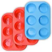 6-Cup Silicone Muffin Pan, Pack of 3 Non-Stick Muffin Cupcake Molds-Blue and Red