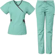 [Medgear] Luna Women's 4 way stretch Crossover Neckline Contrast Top Slim Leg Pant scrub Set