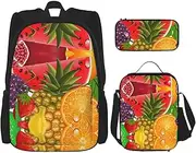 Fresh Fruits Pineapple Print 3 In 1 Sets Casual Adjustable Shoulder Backpack Lunch Bag Pencil Case Pouch Box, Black, One Size