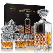 Whiskey Decanter Set,Italian Style Decanter Set with 4 Glasses in Gift Box,Cr...