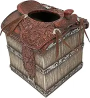 Western Saddle Look Tissue Box Cover - Rustic Resin Tissue Holder for Southwestern Ranch & Farmhouse Decor - Decorative Square Tissue Box Cover for Home, Bathroom, or Office