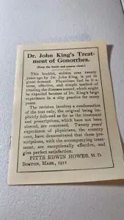 1911 Dr. John King’s Treatment Of Gonorrhea 8 Page Pamphlet