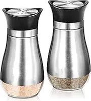 Salt and Pepper Shakers Set,4 oz Glass Bottom Salt Pepper Shaker with Stainless Steel Lid for Kitchen Cooking Table, RV, Camp,BBQ Refillable Design (Silver)