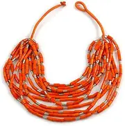 [Avalaya] Statement Multistrand Wood Bead Cotton Cord Bib Style Necklace Jewellery for Women, Costume Jewellery In Orange - 64cm Long, One Size, Plastic Wood