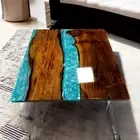 Square Blue Epoxy Resin Coffee Table Top Handmade Wooden Live Edge Hallway Decor