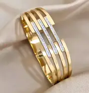 Yellow GOLD Tone Wide Fancy Design Bangle Steel Bracelet CZ Clear Stones BNEW