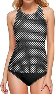 [Joisal] Tankini, Swim Tops for Women with Built in Bra, Abstract Geometric Circle Polka Dots Halter Tankini, Small