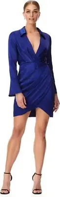 NEW Aidan by Aidan Mattox Women's Satin Style Royal Blue Shirt dress Size 2
