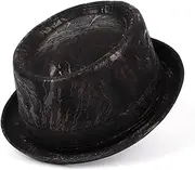 [LINCYS] Retro Men Leather Pork Pie Hat Dad Fedora Hat Jazz Hat for Gentleman Flat Gambler Church Hat 3Szie(Black,58-59CM)