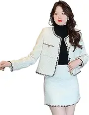 [JYHBHMZG] Autumn Winter Tweed Two Piece Set for Women Patchwork Woolen Jacket Coat+Mini Skirts Sets Casual 2 Piece Suits
