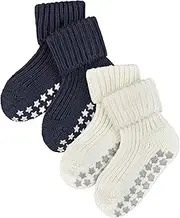 [FALKE] Unisex Baby Catspads 2-Pack Slipper Socks Cotton Navy Blue White Thick Warm Plain With Printed Silicone Nubs On Soles For An Improved Grip Multipack 2 Pairs