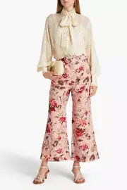 RRP€690 ZIMMERMANN Cassia Linen Trousers AU4 XL Floral Belted Cropped Flared Leg