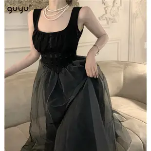 女神洋裝【快速出貨】2023新款夏季長洋裝歐根紗澎裙背心洋裝黑色晚禮服