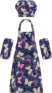 AIXIWAWA Kids Apron Chef Hat Set, Child Kitchen Bib Aprons Adjustable for Cooking Baking Painting (Purple Butterflie)