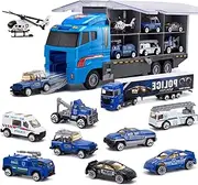Joyfia 10 in 1 Mini Die-cast Police Truck Toy Set, Mini Patrol Rescue Vehicles in Carrier Truck Playset, Police Car Toys for 3+ Years Old Boys Girls Kids
