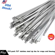100 Self-Locking Metal Zip Ties, 11.8", Heavy-Duty 304 Stainless Steel