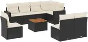 vidaxl 9-Piece Garden Sofa Set with Cushions - Black Poly Rattan and Acacia Wood - Modular, Washable Covers