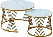 TINGTINGLI Coffee Table Set, 2 in 1 Coffee Table, Round Nesting Tables, Creative Multifunctional Tea Table with Black/Gold Frame for Living Room Bedroom Office(Gold frame+white)