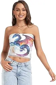 [RPLIFE] Dragon Galaxy Summer Tops, Women Strapless Top, Sheer Tube Tops, Sexy Tube Tops (S)