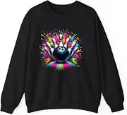 [Generic] Colorful Neon Bowling Strike Splatter Paint Effect Fun Artistic Bowling Sweatshirt for Adults Crew Neck Long Sleeve Pullover