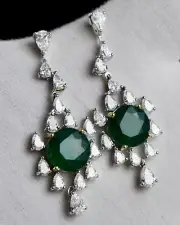 Natural Zambian Emerald Pair White Diamond Cut 18k Gold Dangle Important Earring