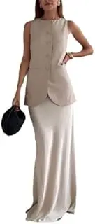 [Pokn] Linen Vest Women Linen Set Y2K Linen Skirt Linen Vest Tops 2 Piece Sleeveless White Linen Maxi Skirt Round Neck Tops