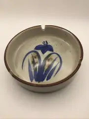 Vintage Stoneware Ashtray Hand painted Blue Floral Tobacciana Studio Pottery