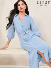 Lipsy Blue 3/4 Sleeve Button Through Midi Shirt Dress (F74406) | $111