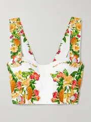 [Farm Rio] Farm Rio - Cropped Printed Linen Top - Off-white - small small Off-white